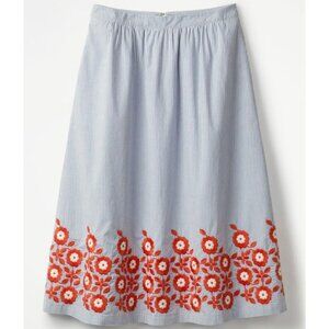 Boden Haidee Embroidered Midi Skirt (Sz 2 Petite) Blue Stripe Floral A-line